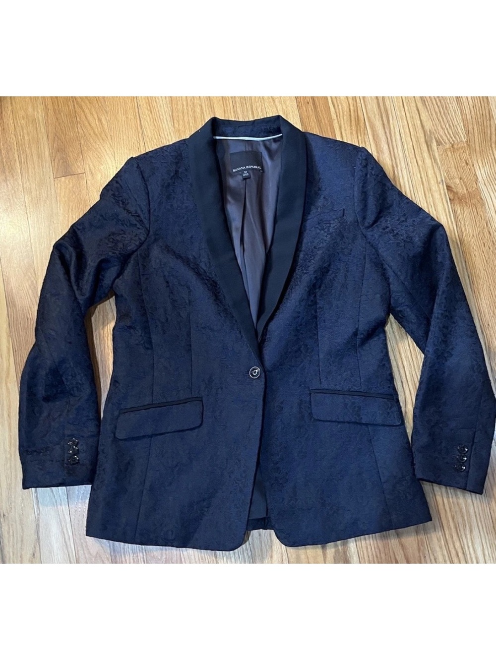 Banana Republic Women's Blue Black Floral Jacquard Tuxedo Blazer Jacket Size 12